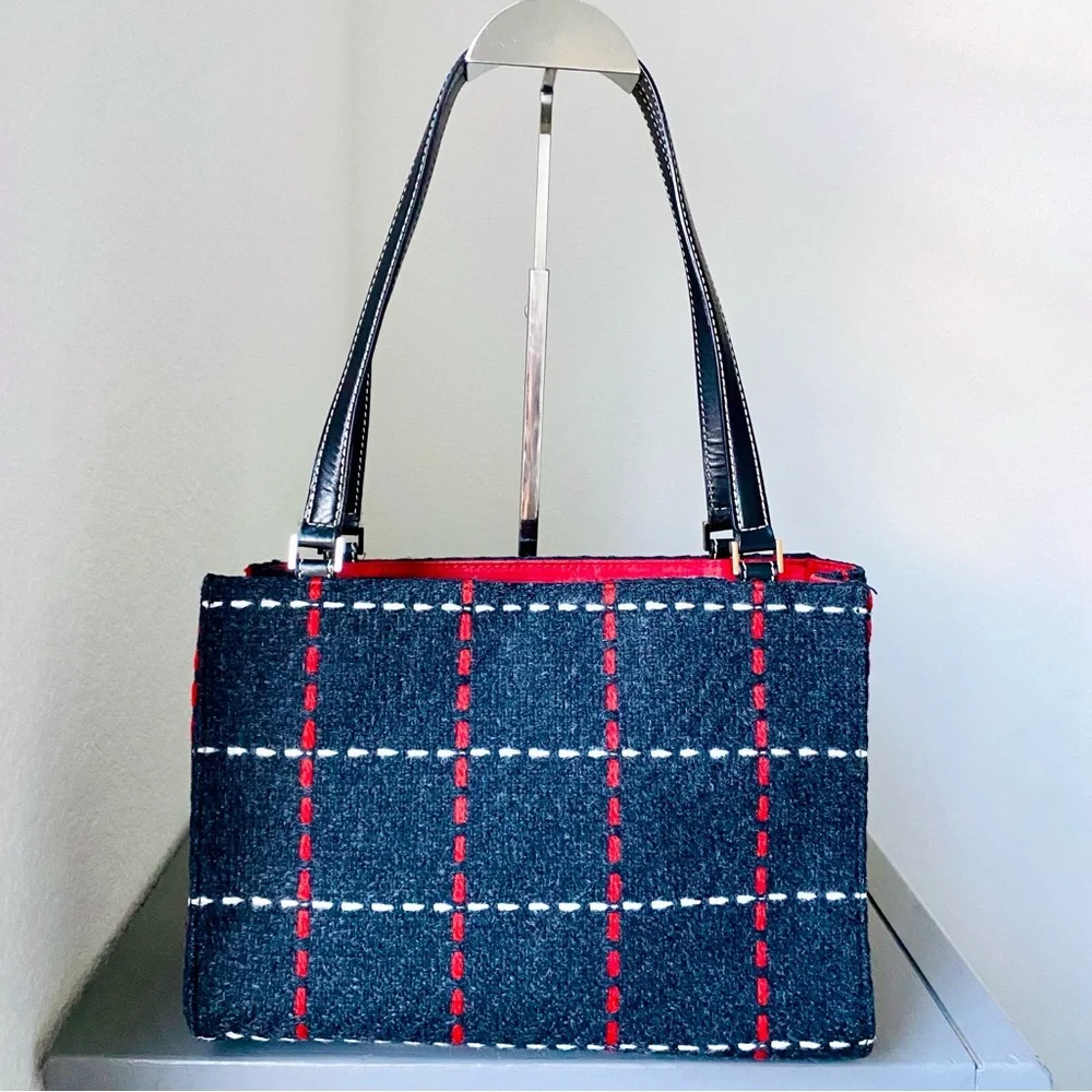 Kate Spade Black Plaid Tote with Red Bow Charm